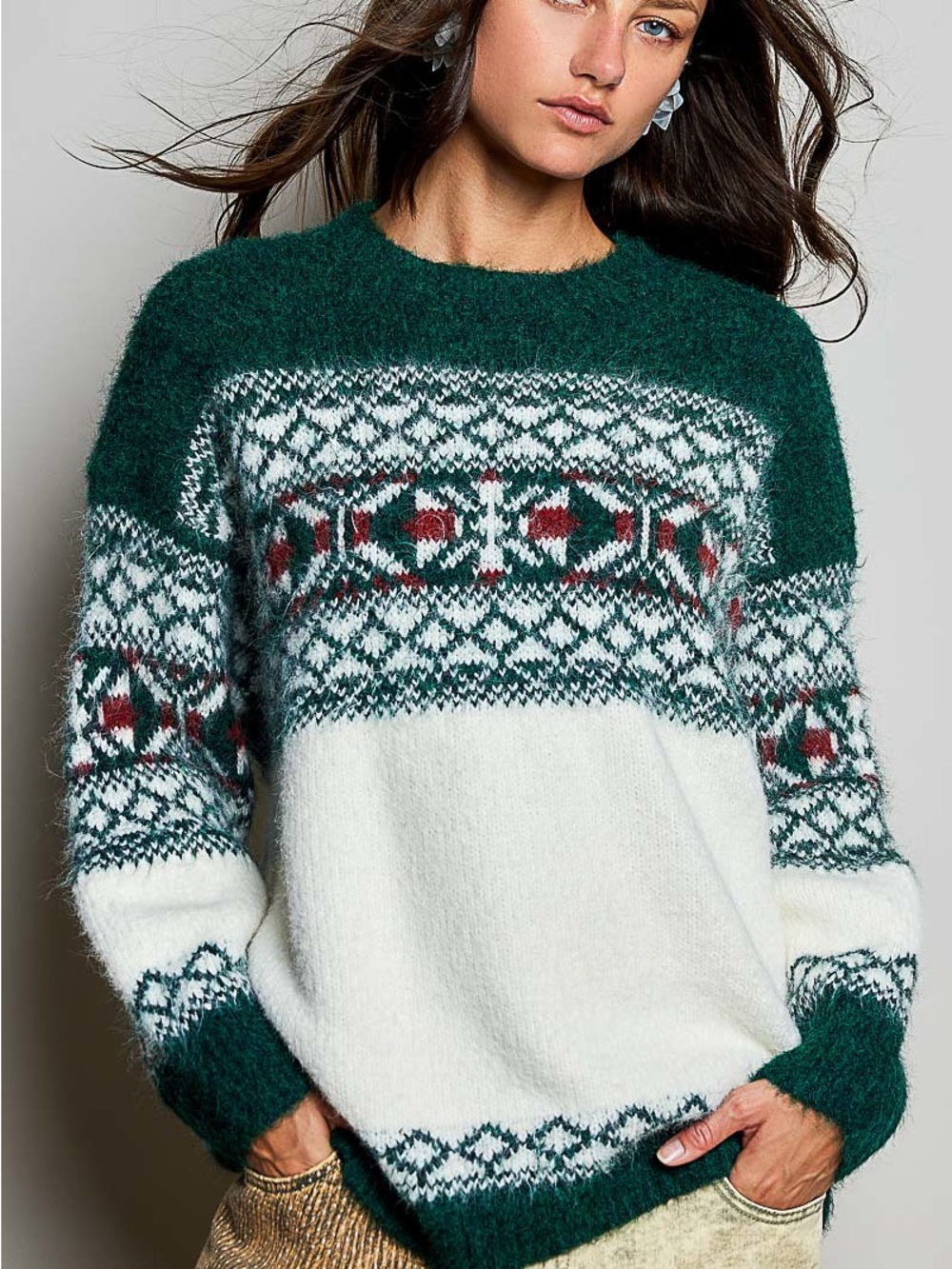 POL Women’s Green and White Fair Isle Crewneck Sweater